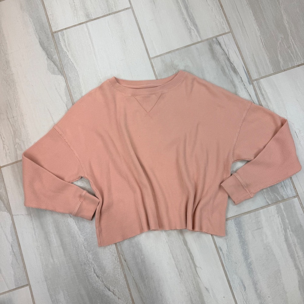 Abercrombie and Fitch Peach Pink Waffle Knit Cropped Boxy Sweatshirt Large